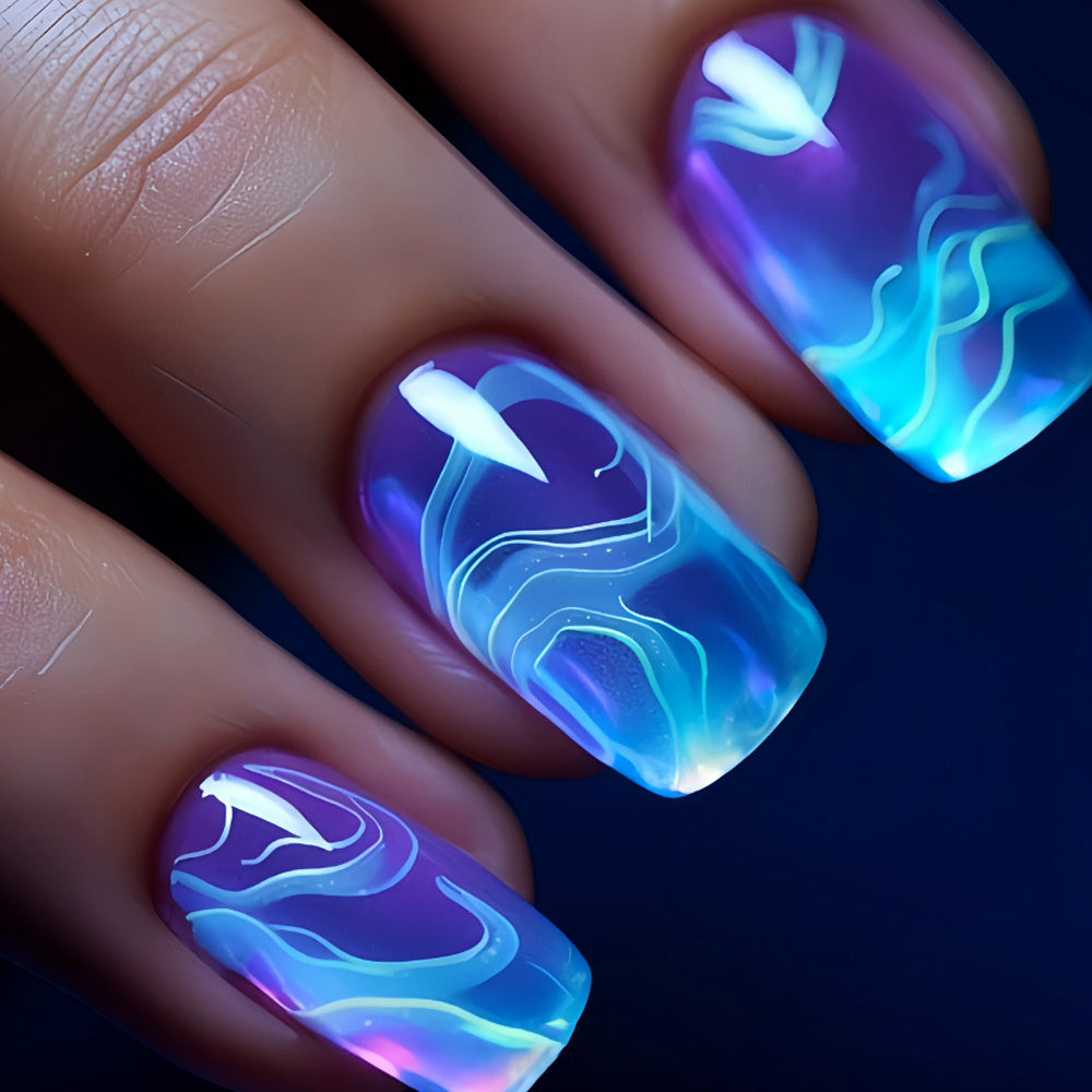 72PCS (3 PACK) fake nail patch, Jellyfish Nail Wear Nail Patch, Europe and the United States wear Nail Under the Sea World Nail Patch and simple cool ice translucent blue halo gradient nail patch line Pure to wear nail